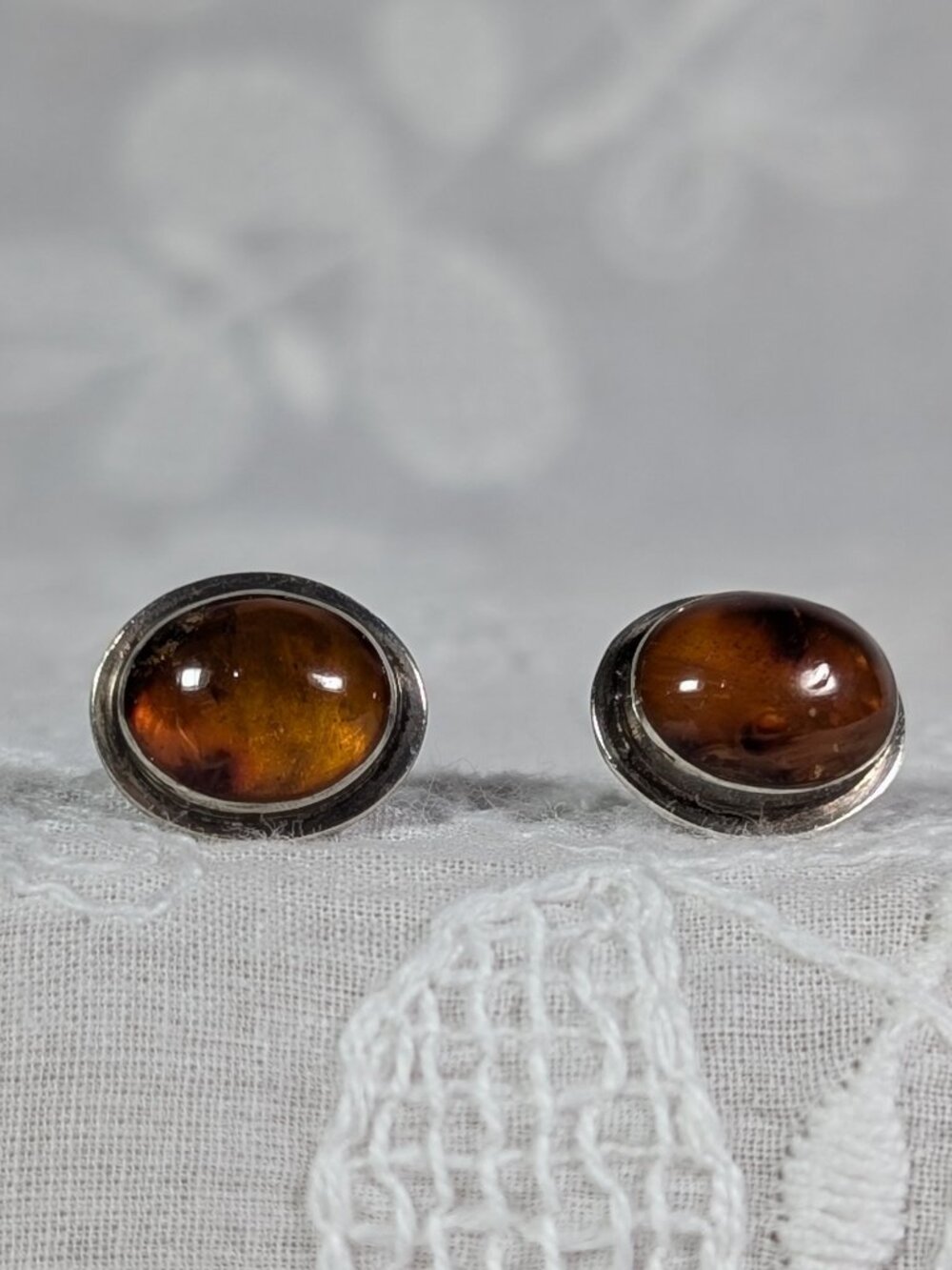 Vintage Amber Cabochon Orange/Cognac Stone with Silver Stud Post Earrings - Picture 7 of 13